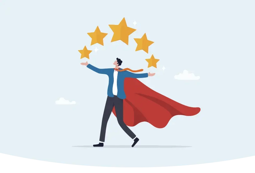 A concept representing confidence. A man wearing a cape with an arch of 5 stars above him to suggest the Best LMS.