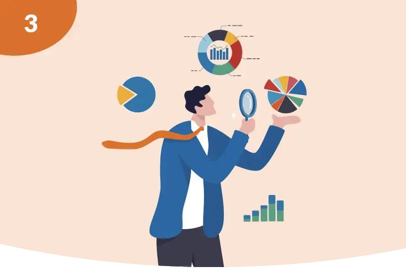 A concept representing Data Insight. A man looking closely at some bar charts