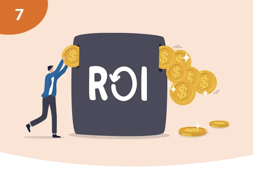 A concept representing ROI. A man is putting a coin into an ROI box and many coins are spilling out the other side.