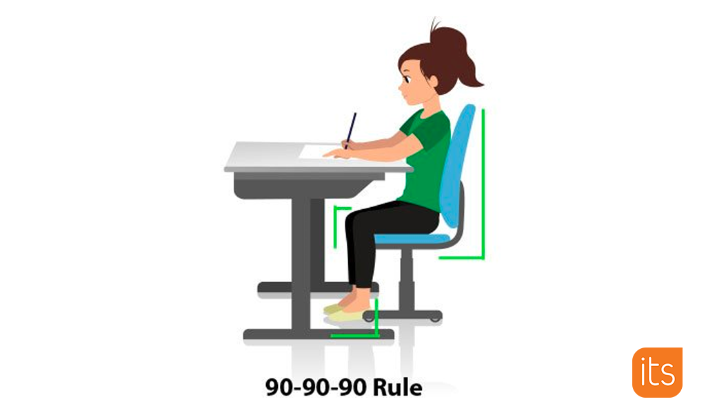 Illustration showing a child sitting at a desk with good posture.