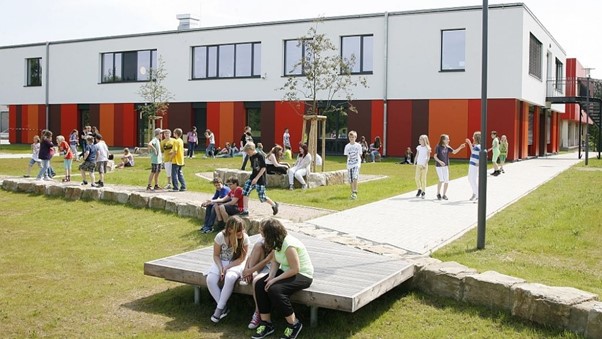 A school yard with kids playing